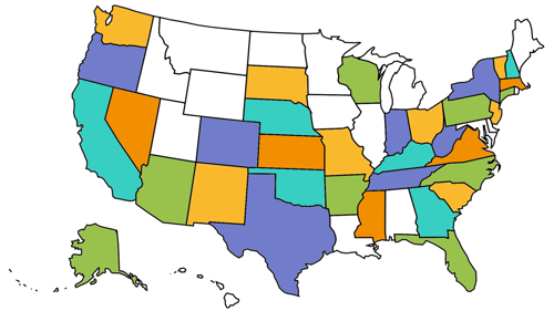 map of the US - 34 states with ECE shared resource platforms are indicated with various colors